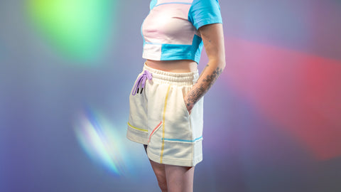 Prism Rainbow-Stitch Flared Sweatshorts