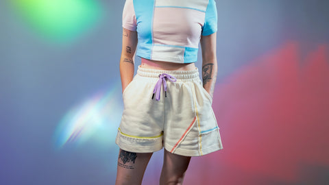 Prism Rainbow-Stitch Flared Sweatshorts